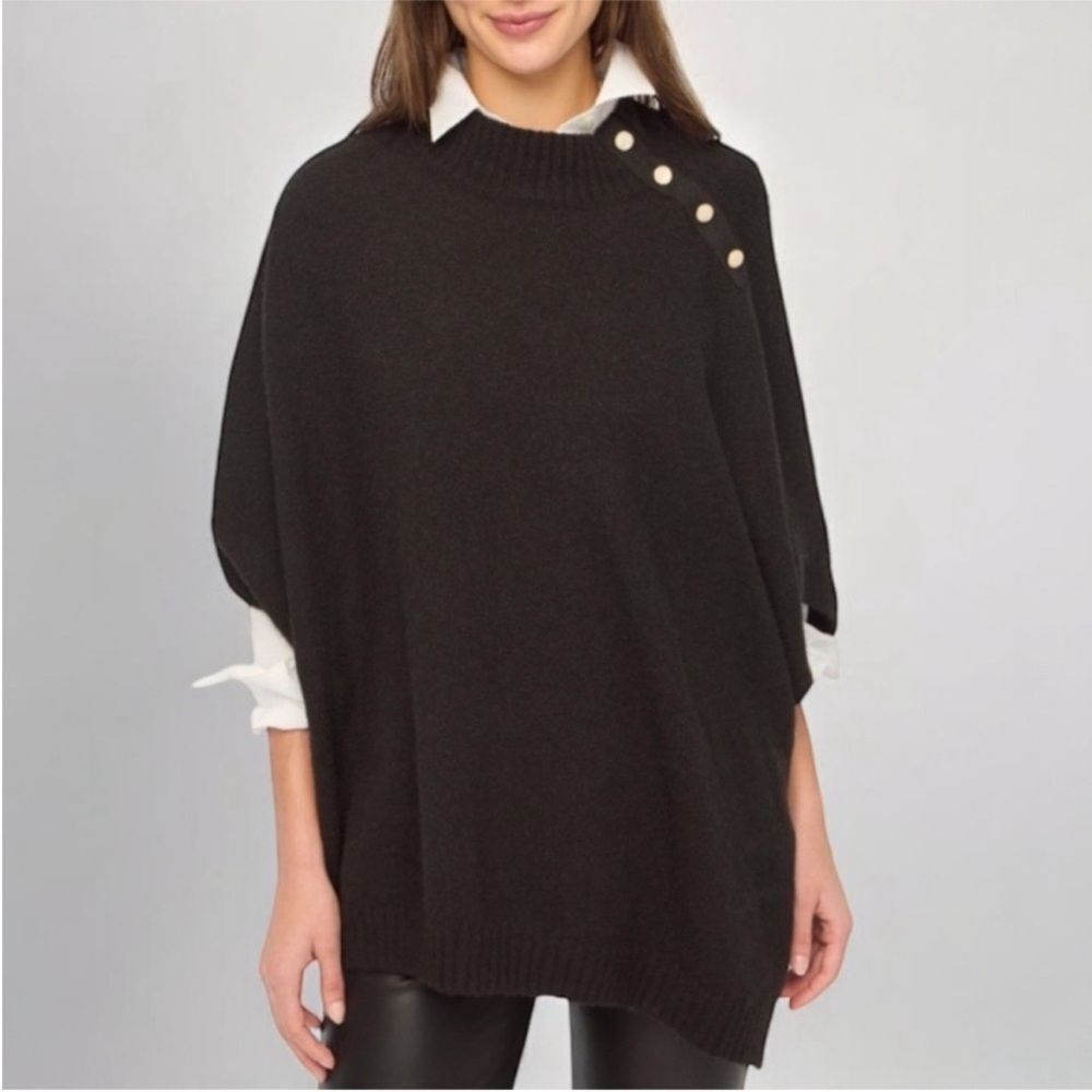 J.Crew Black Wool Blend Mockneck Button-detail Poncho Sweater